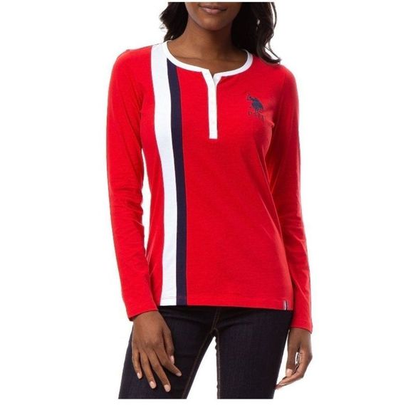 US Polo Assn.‎ Women's Long Sleeve Henley Jersey Tee - Red Size Large WM110-L - Picture 1 of 3